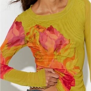 Free People Lilly Printed Long Sleeve Top - Vibrant Yellow and Red Floral
